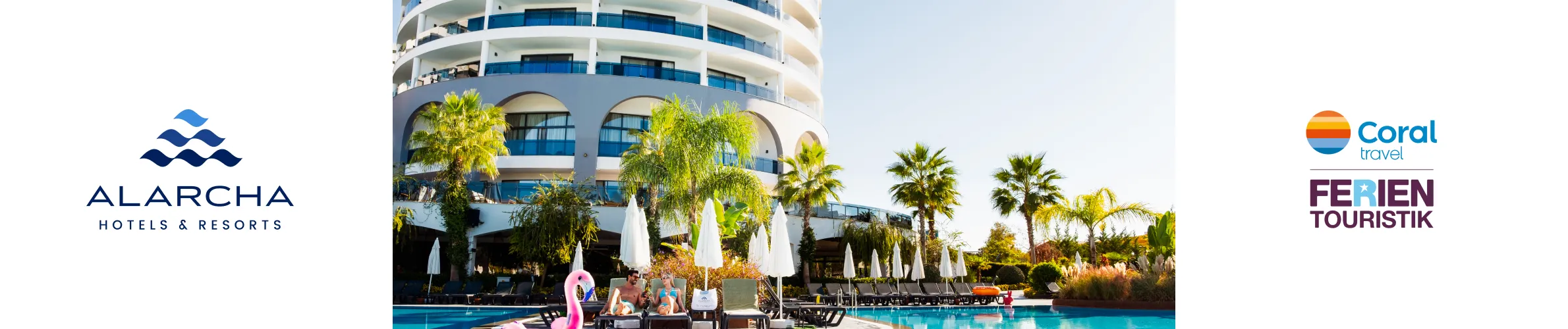 Alarcha Hotels & Resort Banner mit Pool und Palmen